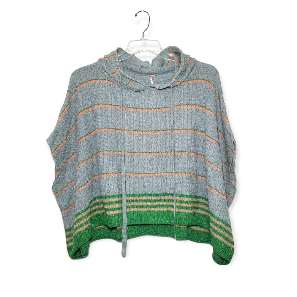 Free People Shimmer Sheen Hoodie Poncho Top Blue Green Metallic XS
